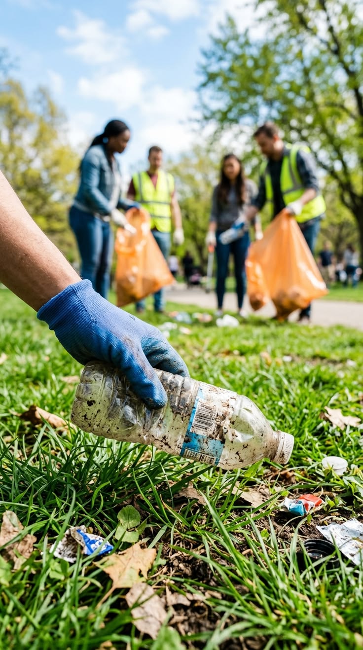 About Us Gloved Hand Picking Up Plastic Bottle In Park – Community Clean Up Volunteer Stock Photo